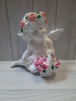 Сувенир Ангел с корзиной цветов, 13*14*10 см, гипс. белый с отделкой.