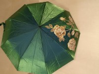 Зонт женский автомат, 9 спиц, шёлк, хамелеон, цвет - зелёный/ светло-коричневые цветы.