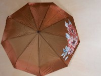 Зонт женский автомат, 9 спиц, шёлк, хамелеон, цвет - коричневый с розовыми цветами.