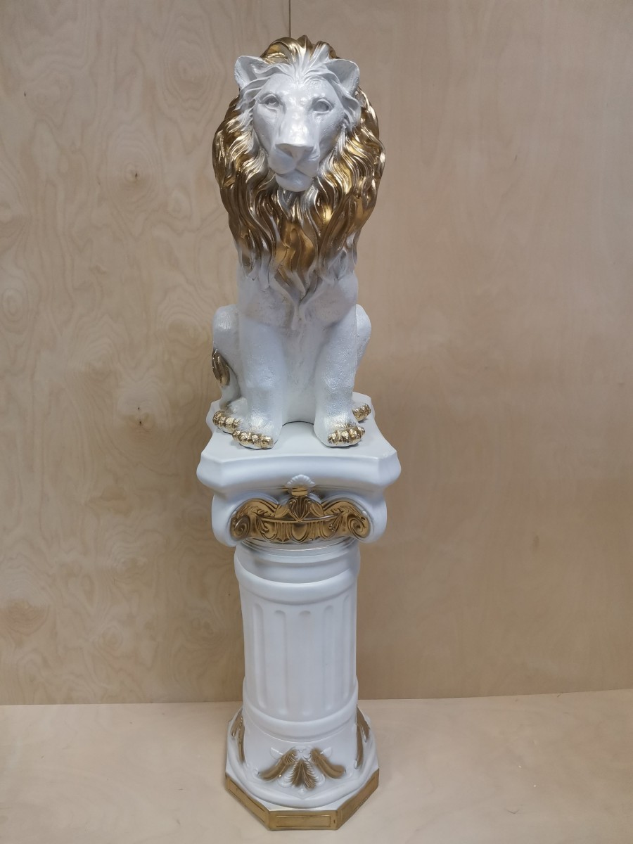 Комплект: колонна + лев, h - 135 см, цвет - белый с золотом, гипс.