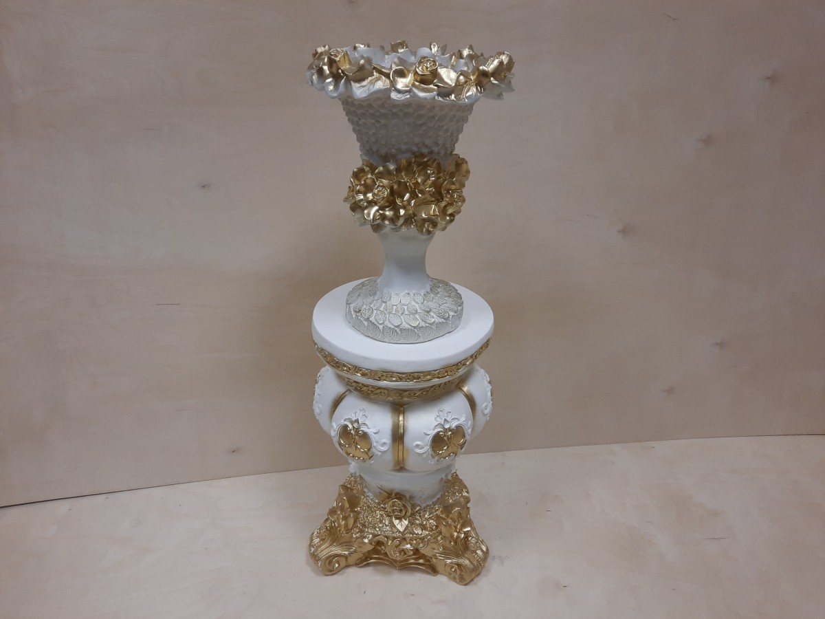 Комплект: тумба Клеопатра + ваза Кубок, гипс, h - 97 см, цвет - белый с золотом.