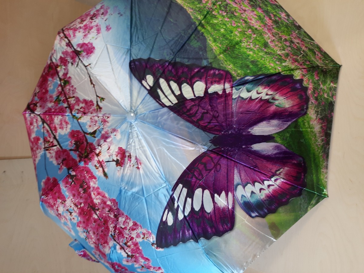 Зонт женский автомат, 8 спиц, "Бабочки", цвет - голубой.