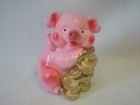 Копилка "Свинья с деньгами" розовая 14 см.