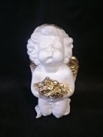Сувенир Ангелочек с букетом, 21 см, белый с золотом, гипс.