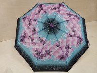 Зонт женский, полуавтомат, 8 спиц, цветной, чёрно-голубой с розовыми цветами.