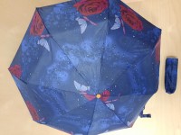 Зонт женский механический, 8 спиц, 3 сложения, цветной, синий с розами и бабочками.