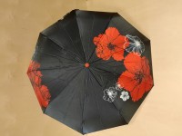 Зонт женский автомат, 9 спиц, шёлк, чёрный с красными маками.